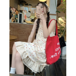 我在外面有 “告白氣球”日系小衆復古少女波點吊帶連衣裙女夏