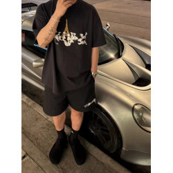 Purey 貪吃惡魔香蕉派卡通復古水洗做舊寬松美式潮流短袖男T恤TEE