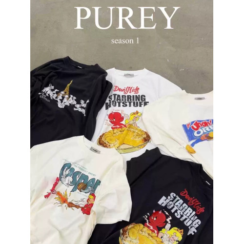 Purey 貪吃惡魔香蕉派卡通復古水洗做舊寬松美式潮流短袖男T恤TEE