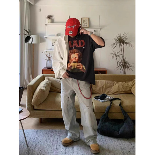 Purey 貪吃惡魔香蕉派卡通復古水洗做舊寬松美式潮流短袖男T恤TEE