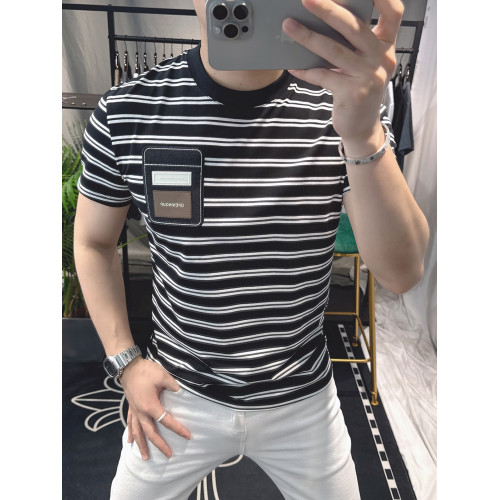 歐洲站短袖男T恤夏季條紋潮牌高級歐貨半袖男士時尚修身刺綉上衣
