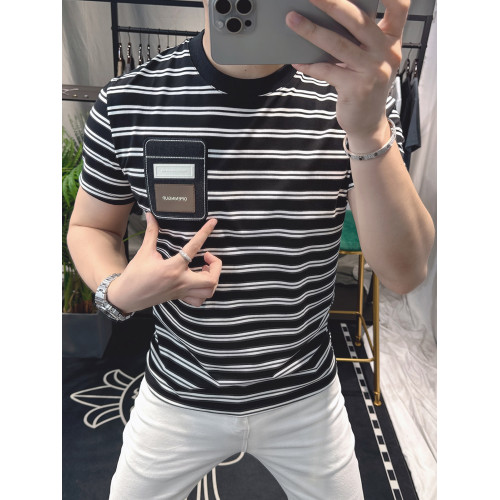 歐洲站短袖男T恤夏季條紋潮牌高級歐貨半袖男士時尚修身刺綉上衣