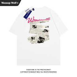 Wassup Wolf潮牌美式高街復古報紙短袖男t恤vintage純棉情侶上衣