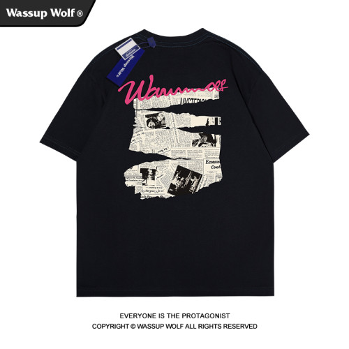 Wassup Wolf潮牌美式高街復古報紙短袖男t恤vintage純棉情侶上衣
