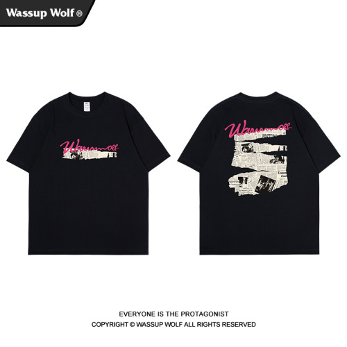Wassup Wolf潮牌美式高街復古報紙短袖男t恤vintage純棉情侶上衣