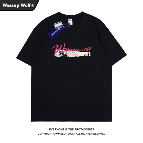 Wassup Wolf潮牌美式高街復古報紙短袖男t恤vintage純棉情侶上衣