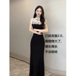 高個子172加長版夏季新中式國風旗袍蕾絲拼接連衣裙氣質黑色長裙