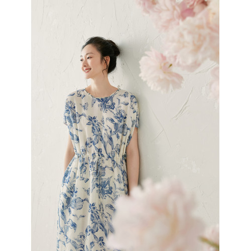 如也原創 青花瓷藍色印花純苧麻收腰連衣裙女夏季新款高級感長裙