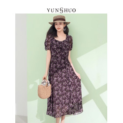 允碩時尚方領長款網紗碎花連衣裙女氣質百搭顯瘦雪紡長裙子569455