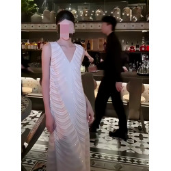 法式V領亮片長款背心連衣裙女2025新款爆款馬甲裙松弛感氣質長裙