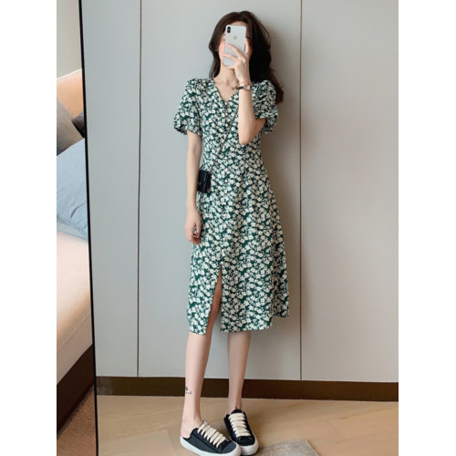 碎花連衣裙女2025年新款夏季綠色小個子顯高泡泡袖氣質雪紡裙子