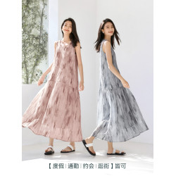 IHIMI海謐法式茶歇水墨暈染連衣裙女2025夏季輕薄天絲度假連衣裙