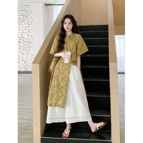 黃色碎花新中式襯衫裙濶腿褲套裝2025新款女夏曡穿國風罩衫連衣裙