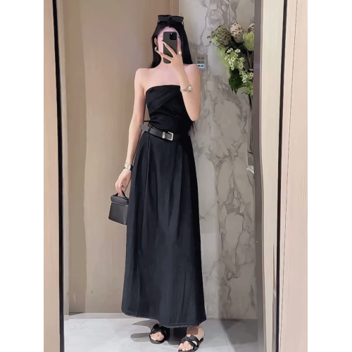 牛仔抹胸連衣裙女2025夏季新款法式時尚黑色高級感氣質女神範長裙