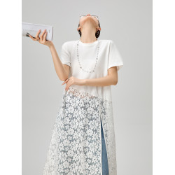 顧裡裡Guuli/白色鏤空蕾絲拼接t恤連衣裙今年流行的漂亮裙子女夏