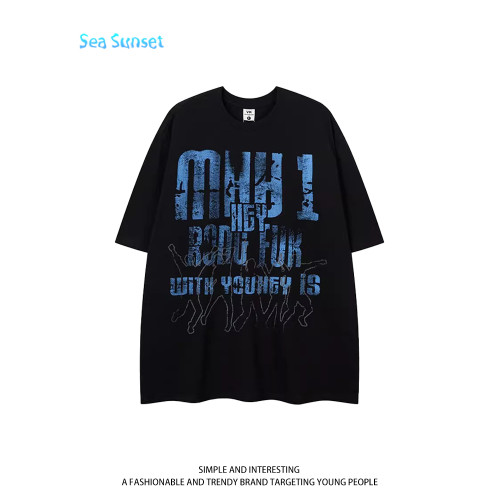 Sea Sunset 高街嘻哈做舊字母短袖男t恤夏季潮流寬松圓領半袖短袖