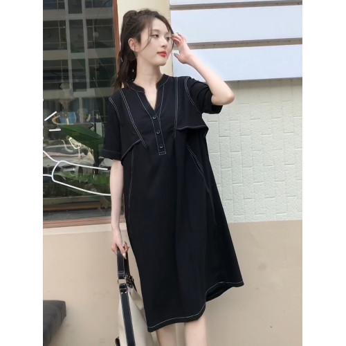 2025夏女士泰式新款黑色高級感氣質大碼V領A字裙寬松高級連衣裙