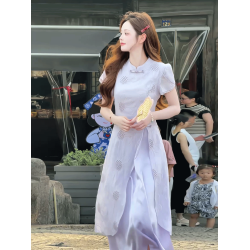 新中式國風紫色鏤空連衣裙女2025夏季新款氣質高級感開叉旗袍長裙