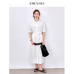 chunxili/春熙裡 夏季白色柔美襯衣裙系帶束腰女士清爽亞麻連衣裙
