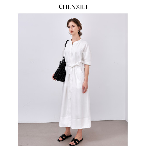 chunxili/春熙裡 夏季白色柔美襯衣裙系帶束腰女士清爽亞麻連衣裙