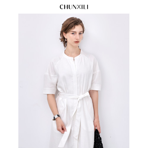 chunxili/春熙裡 夏季白色柔美襯衣裙系帶束腰女士清爽亞麻連衣裙