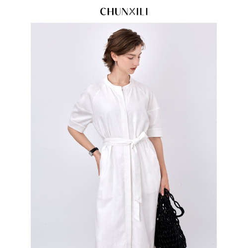 chunxili/春熙裡 夏季白色柔美襯衣裙系帶束腰女士清爽亞麻連衣裙