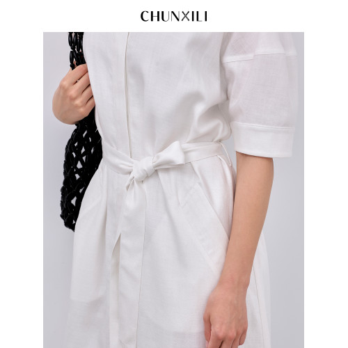 chunxili/春熙裡 夏季白色柔美襯衣裙系帶束腰女士清爽亞麻連衣裙