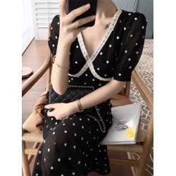 歐洲站法式初戀復古赫本風計感小衆仙女薄款黑色波點連衣裙子夏裝