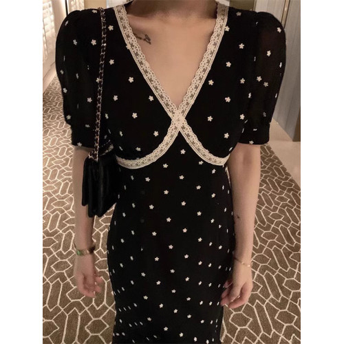 歐洲站法式初戀復古赫本風計感小衆仙女薄款黑色波點連衣裙子夏裝