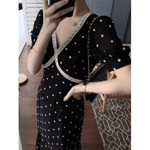 歐洲站法式初戀復古赫本風計感小衆仙女薄款黑色波點連衣裙子夏裝