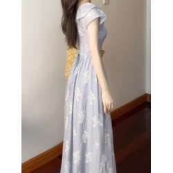 2025夏季絕美長裙法式氣質高級感簡單大方得體減齡藍色印花連衣裙