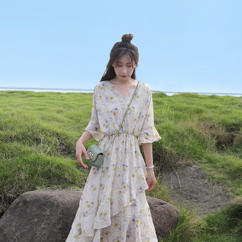 碎花雪紡連衣裙女夏2025新款收腰顯瘦氣質小清新仙女a字蛋糕裙子