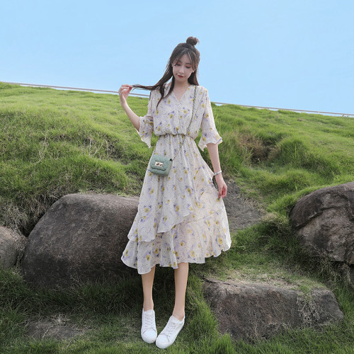 碎花雪紡連衣裙女夏2025新款收腰顯瘦氣質小清新仙女a字蛋糕裙子