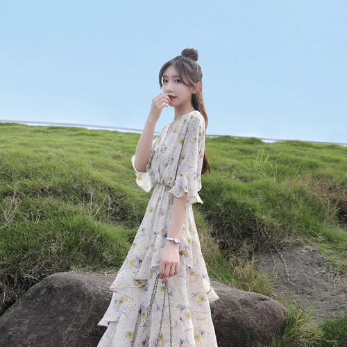 碎花雪紡連衣裙女夏2025新款收腰顯瘦氣質小清新仙女a字蛋糕裙子