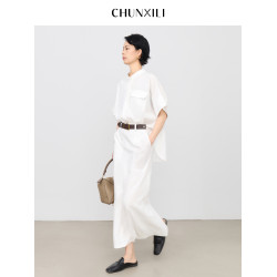 chunxili/春熙裡 短袖襯衣裙 帶腰帶 落肩氣質束腰套頭白色連衣裙
