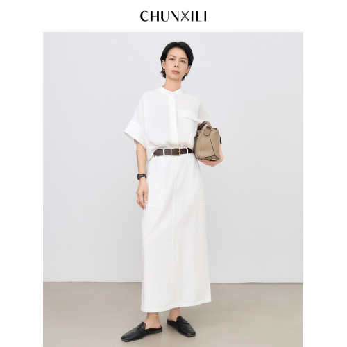 chunxili/春熙裡 短袖襯衣裙 帶腰帶 落肩氣質束腰套頭白色連衣裙