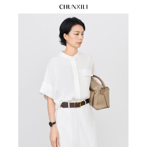 chunxili/春熙裡 短袖襯衣裙 帶腰帶 落肩氣質束腰套頭白色連衣裙