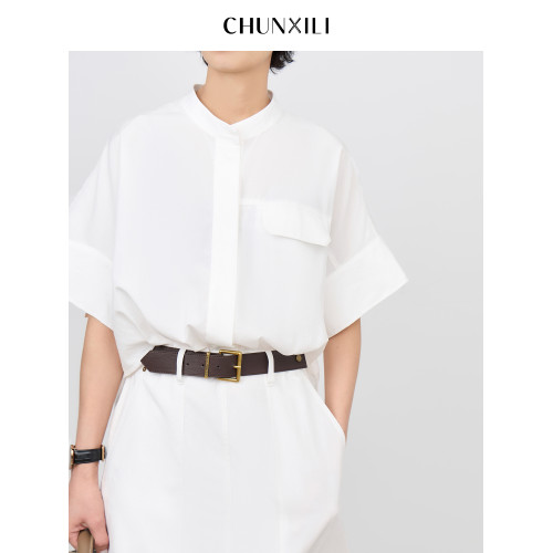 chunxili/春熙裡 短袖襯衣裙 帶腰帶 落肩氣質束腰套頭白色連衣裙