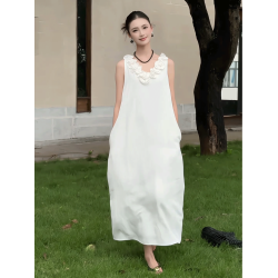 法式復古花邊V領無袖連衣裙女夏季氣質高級感寬松顯瘦背心長裙子