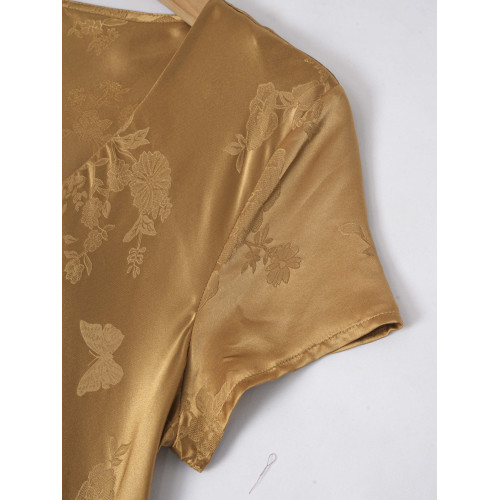 高階品質！精美花蘿真絲連衣裙女斜裁修身桑蠶絲V領禮服裙短袖新