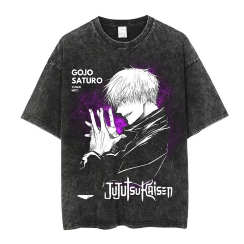 Jujutsu Kaisen Gojo Satoru男T恤復古水洗做舊純棉上衣原宿街頭