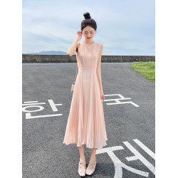 無袖背心雪紡連衣裙女夏2025新款高級感收腰氣質設計感百褶長裙子