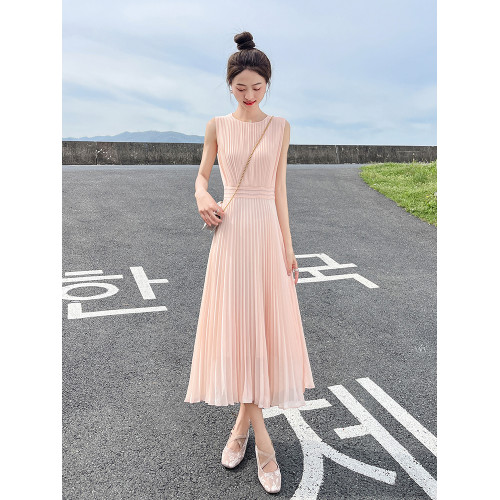 無袖背心雪紡連衣裙女夏2025新款高級感收腰氣質設計感百褶長裙子