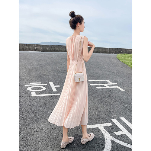 無袖背心雪紡連衣裙女夏2025新款高級感收腰氣質設計感百褶長裙子