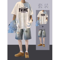 夏季港風純棉短袖帥氣牛仔短褲男t恤潮流寬松男裝一整套套裝搭配