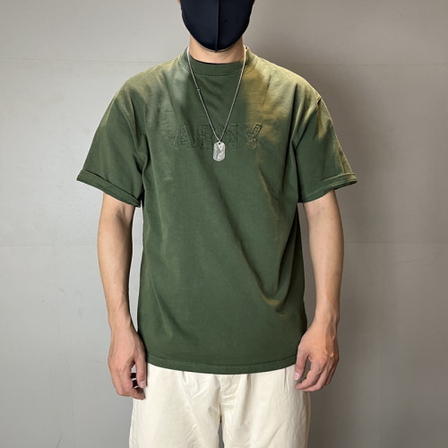 美式復古重磅男T恤斑駁做舊水洗短袖夏季純棉寬松休閒體恤潮厚款