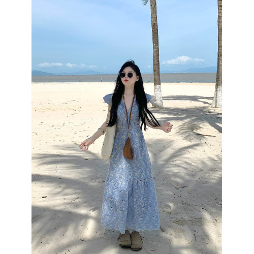 藍色法式碎花連衣裙2025夏季新款小個子今年流行海邊度假風長裙子