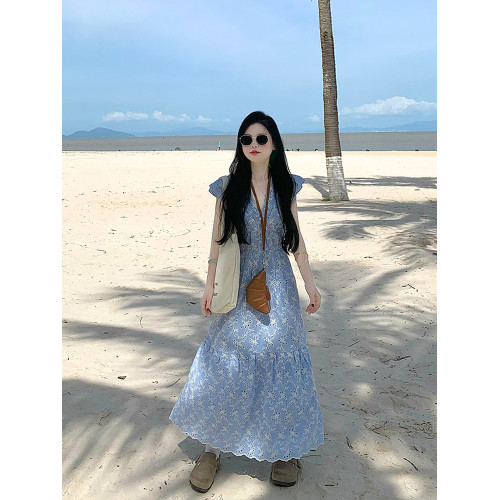 藍色法式碎花連衣裙2025夏季新款小個子今年流行海邊度假風長裙子