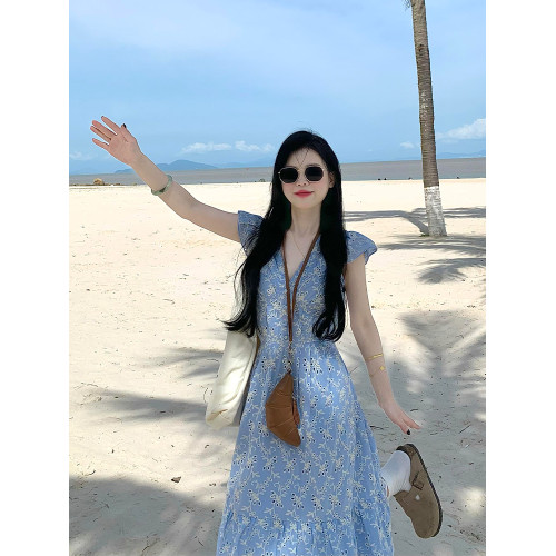 藍色法式碎花連衣裙2025夏季新款小個子今年流行海邊度假風長裙子