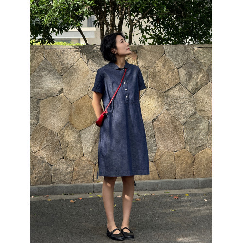 浪清 Polo領襯衫連衣裙夏季新款寬松短袖藍色牛仔裙直筒中長裙子